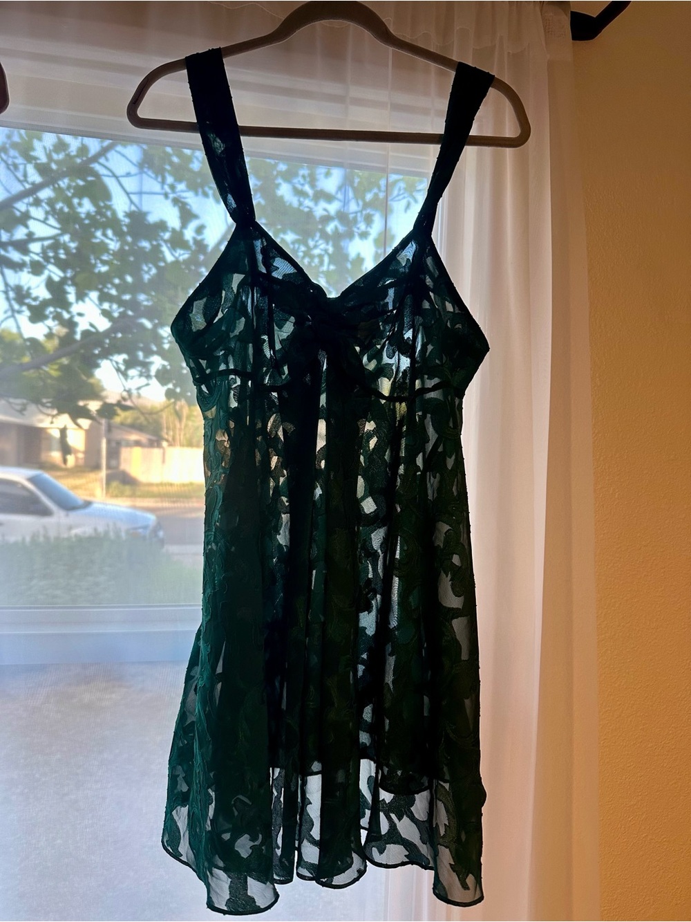 Vintage Victoria’s Secret Gold Label Sheer Lace Chemise Slip in Deep Green